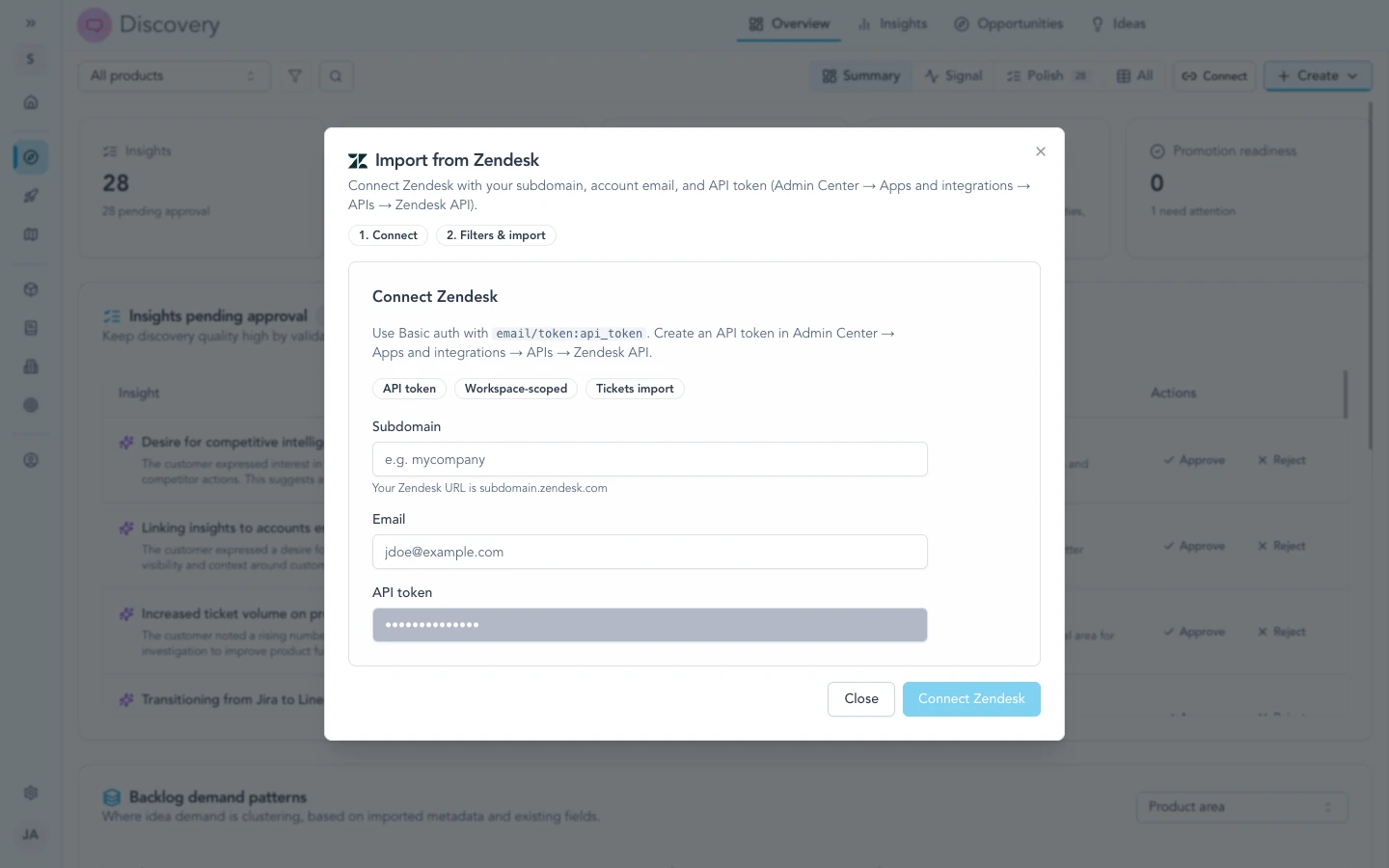 Discovery import flow connecting Zendesk after workspace credentials are configured.