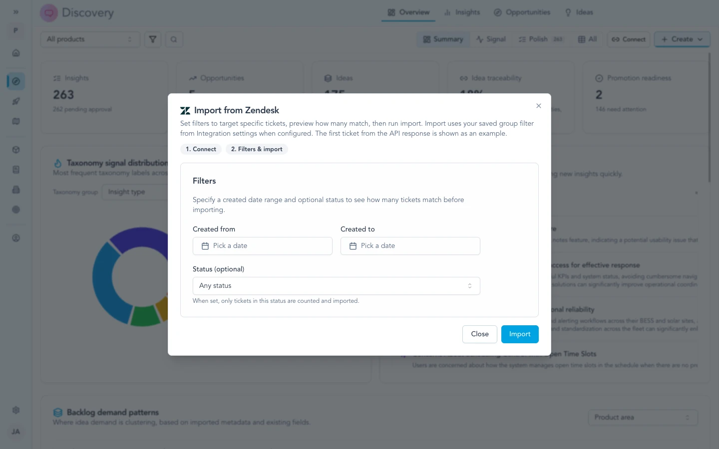 Zendesk ticket import view with filters in Discovery.