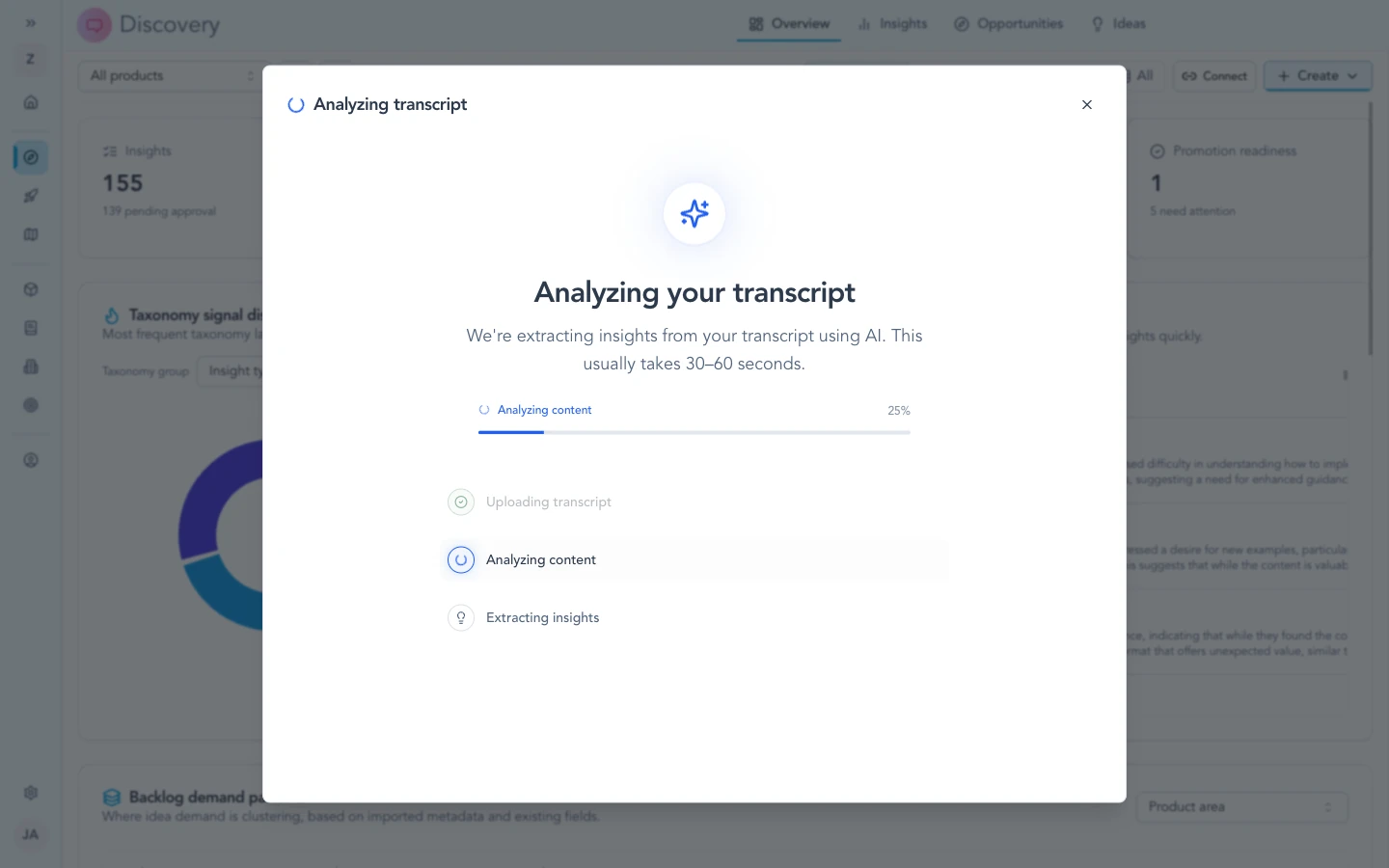 Progress UI while Zentrik processes imported text into insights.
