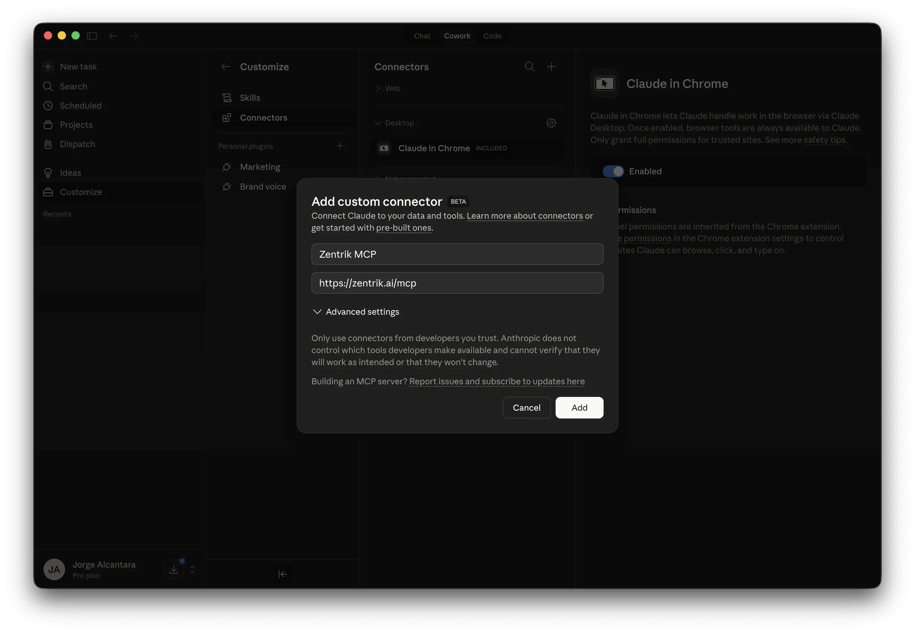 Claude custom connector modal with the Zentrik MCP URL entered.