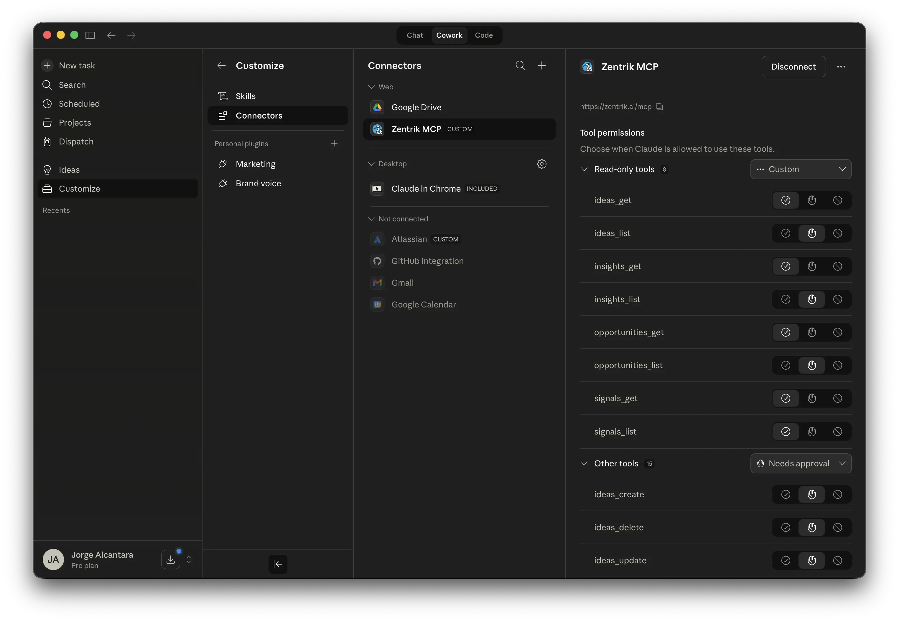 Claude connector details showing the Zentrik MCP tools available after connection.