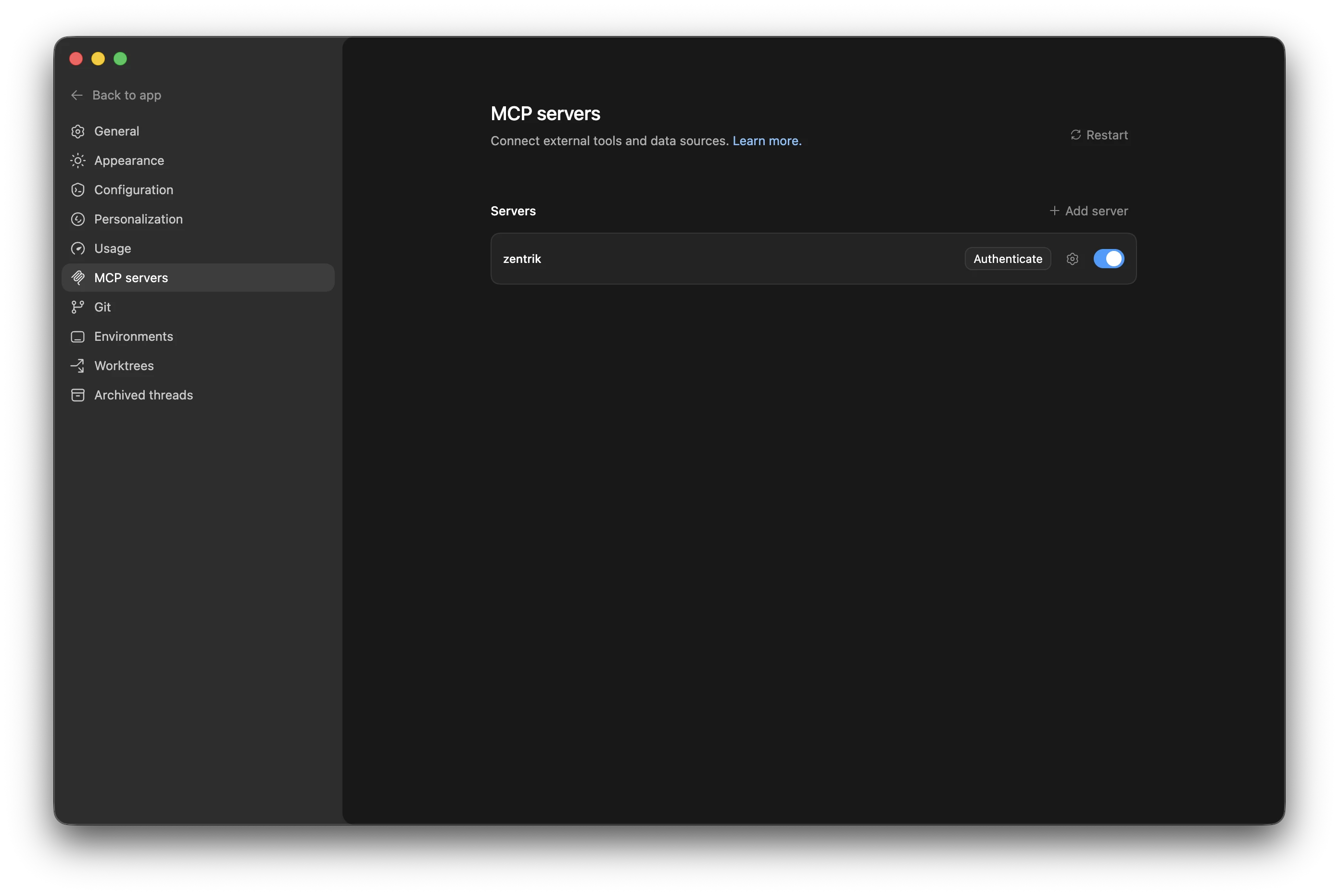 Codex MCP servers list showing the Zentrik server with Authenticate available.
